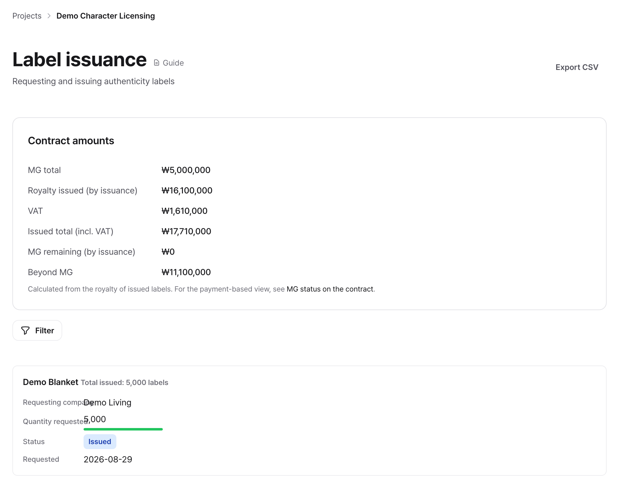Screen example: Issue labels and settle