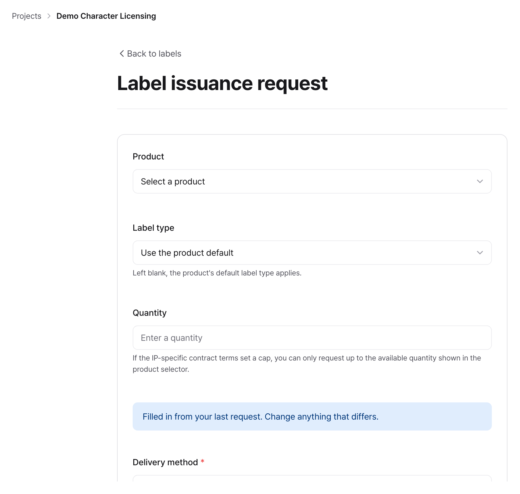 Label issuance application form: enter Product, quantity, and delivery information