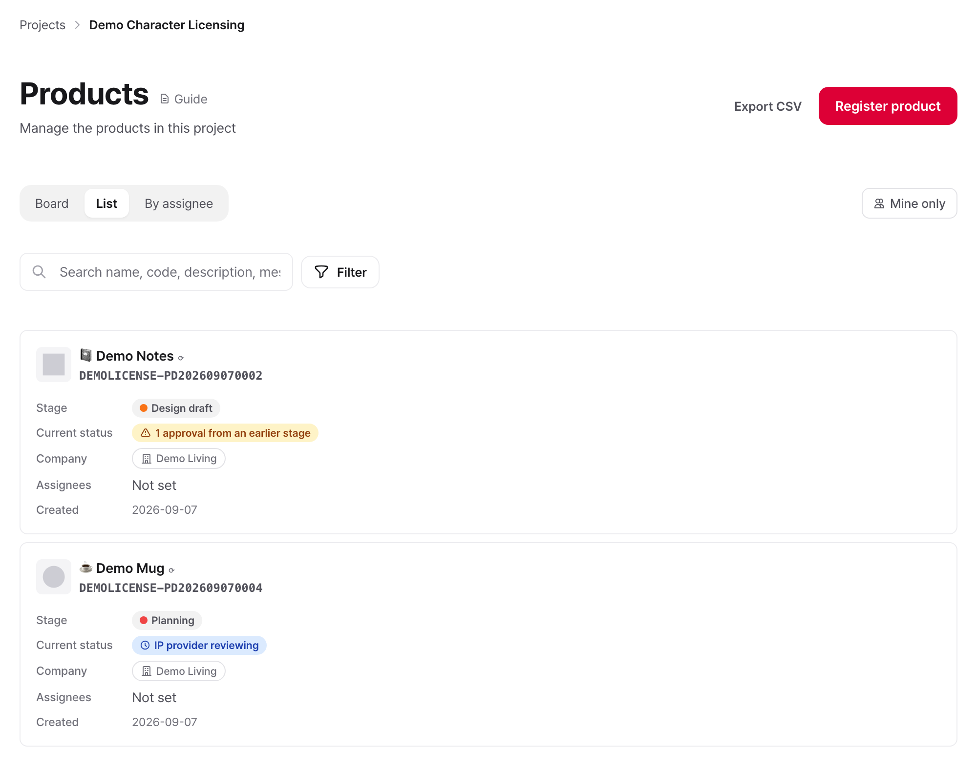 Product list (table): compare code, assignees, and stage on one line