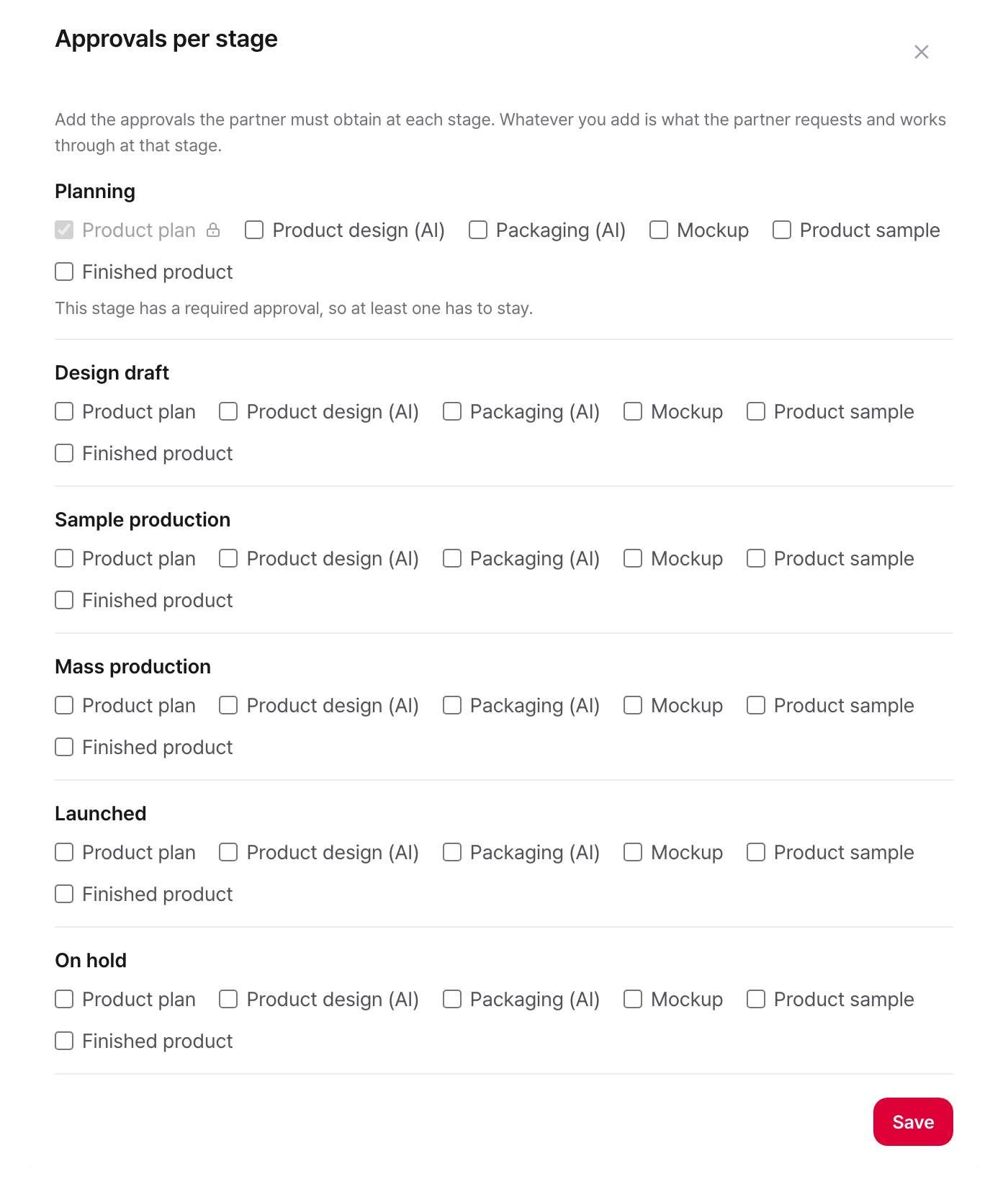 Approvals per stage for a single product: turn approvals on and off for each stage with checkboxes
