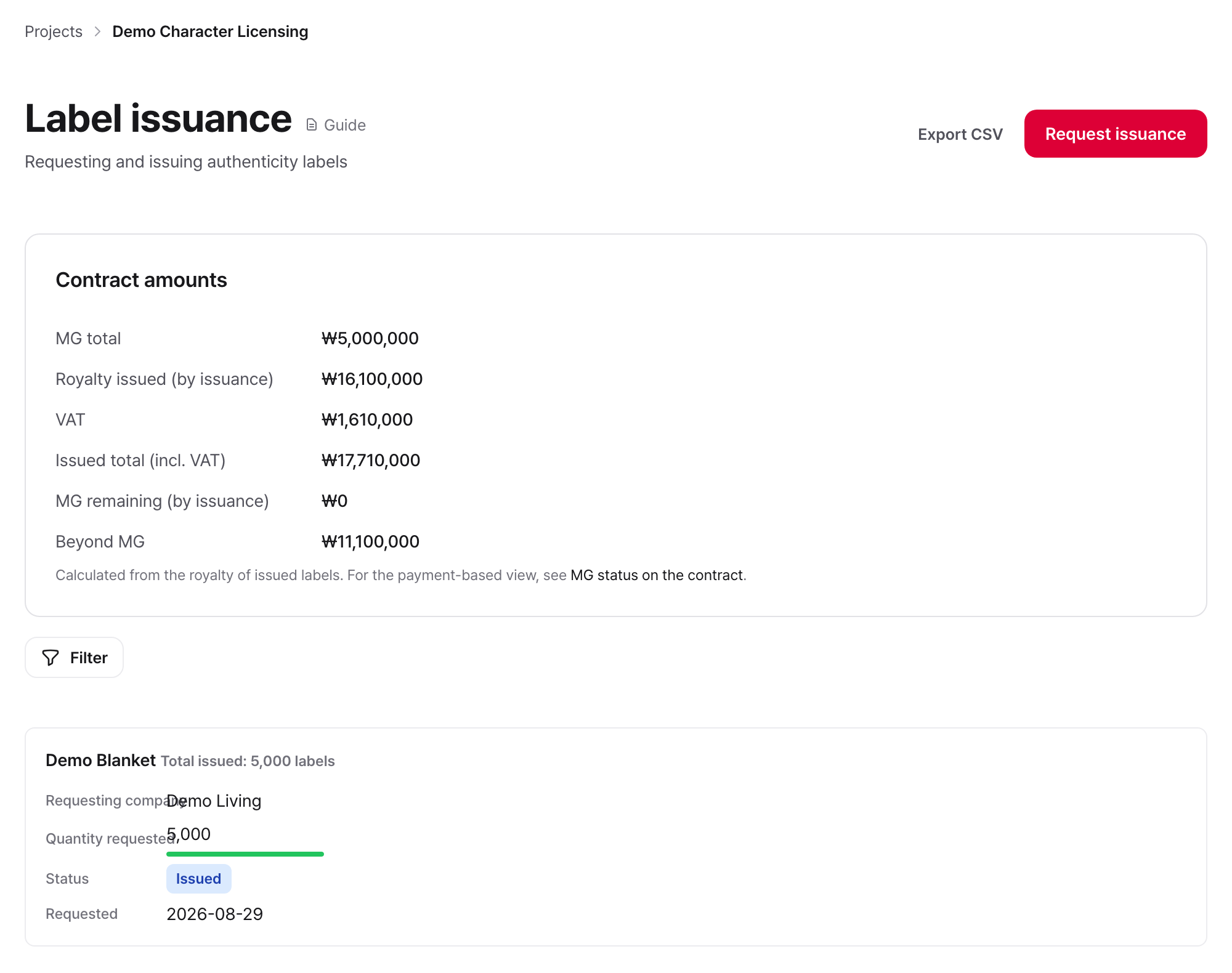Screen example: Request labels