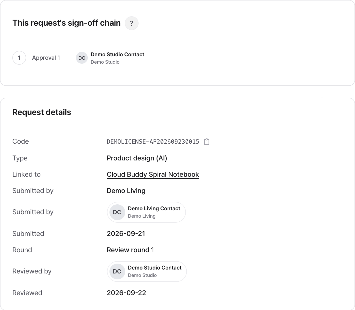 The sign-off line and request details showing the submitter, reviewer, and processing time