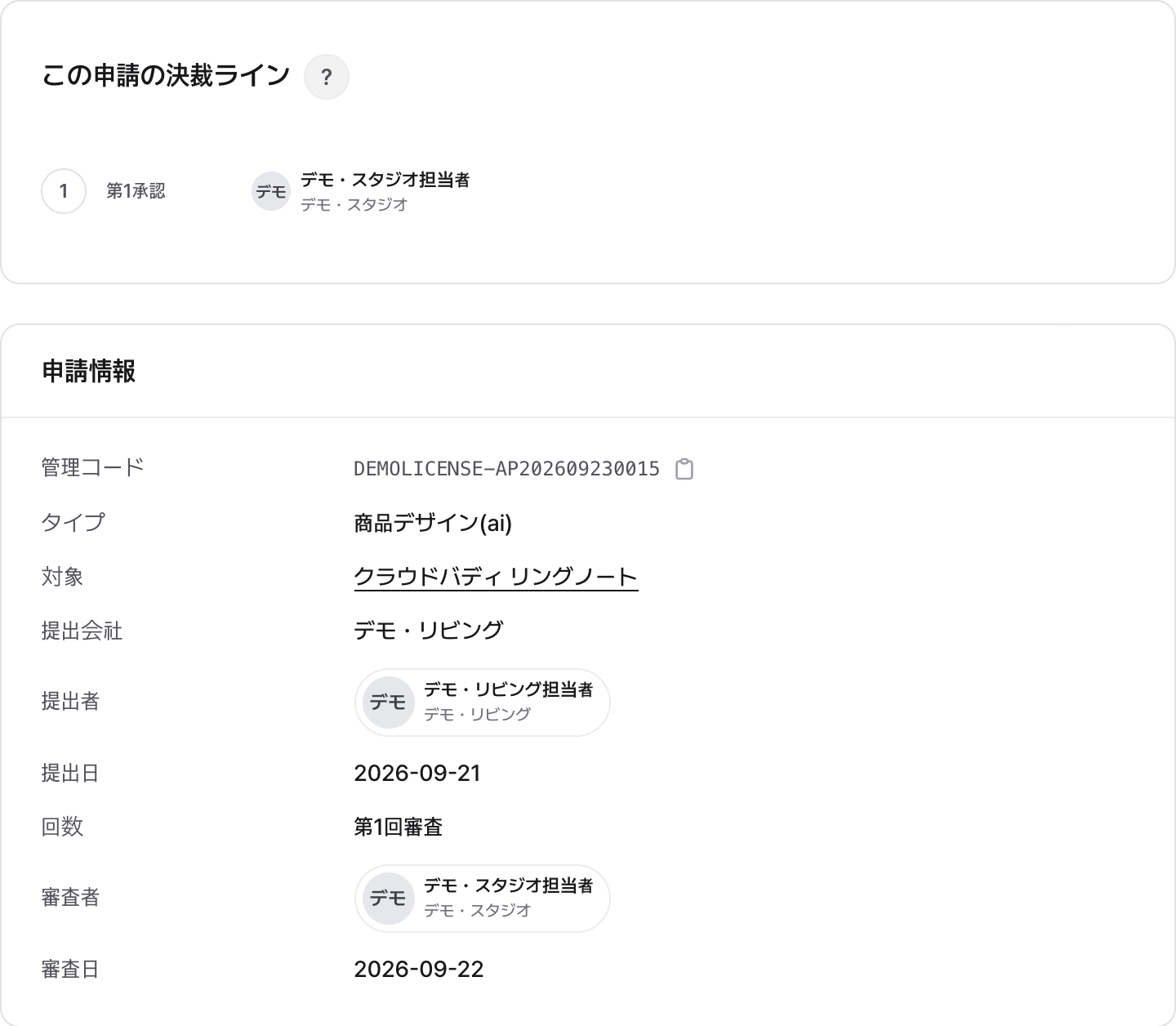 承認順と申請情報に表示された提出者・承認担当者・処理日時