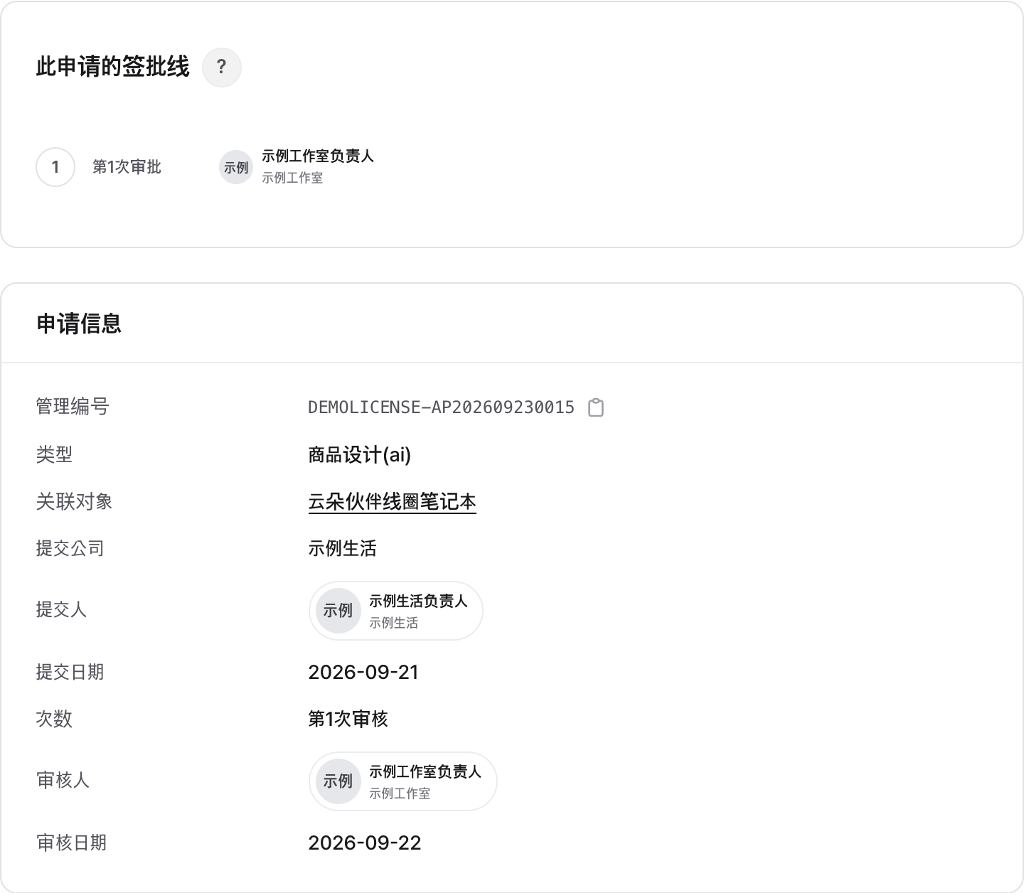 审批顺序和申请信息中显示的提交人、审核负责人及处理时间